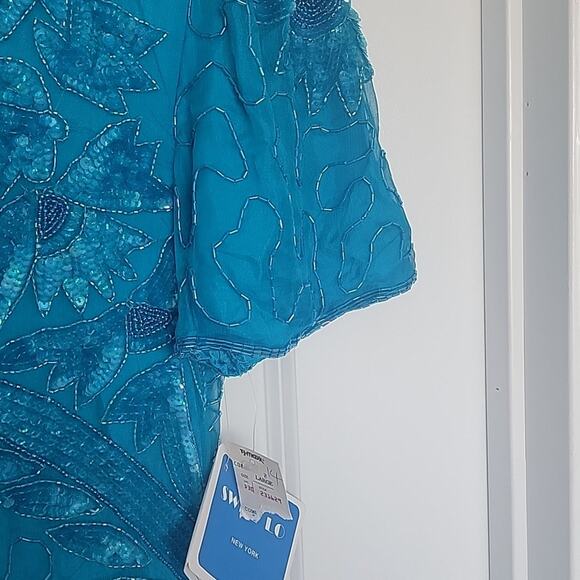 NWT Swee Lo Vintage 80s Deadstock Silk Beaded Turquoise Dress, L (10-12) - Picture 8 of 11